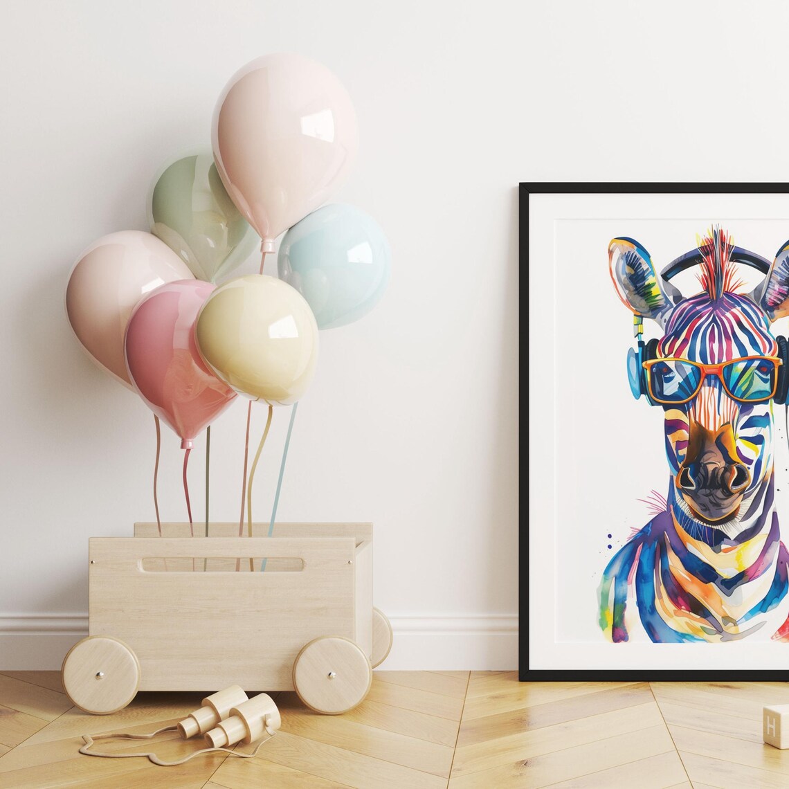 Vibrant Zebra Wearing Orange Glasses and Headphones Watercolor Poster