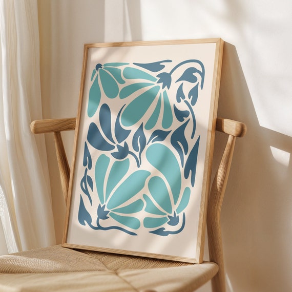 Boho Abstract Flowers Art Floral Wall Blue Botanical Flower Market Poster Vintage Print