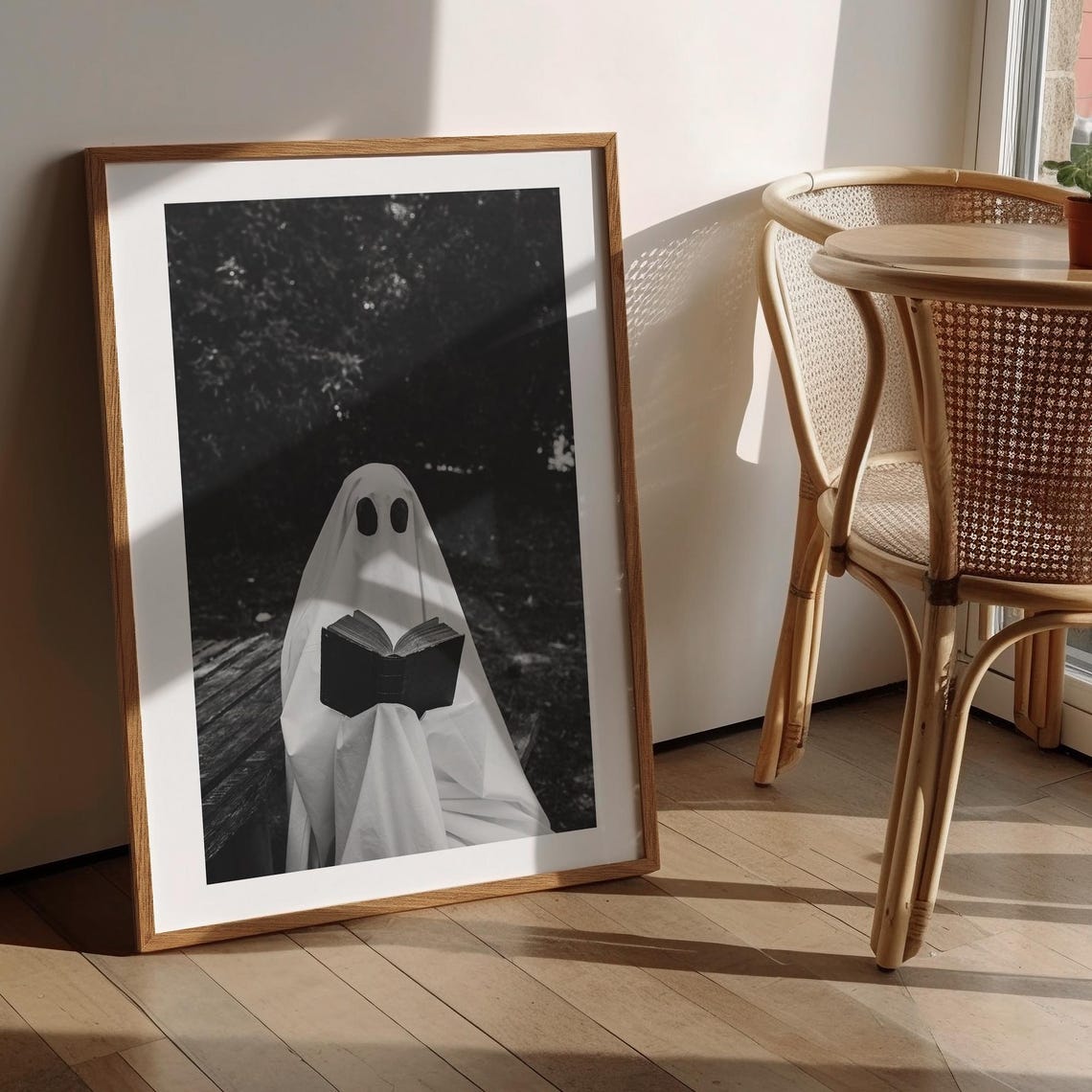 Ghost Reading Book Spooky Black and White Photo Halloween Decor Poster - Image 2