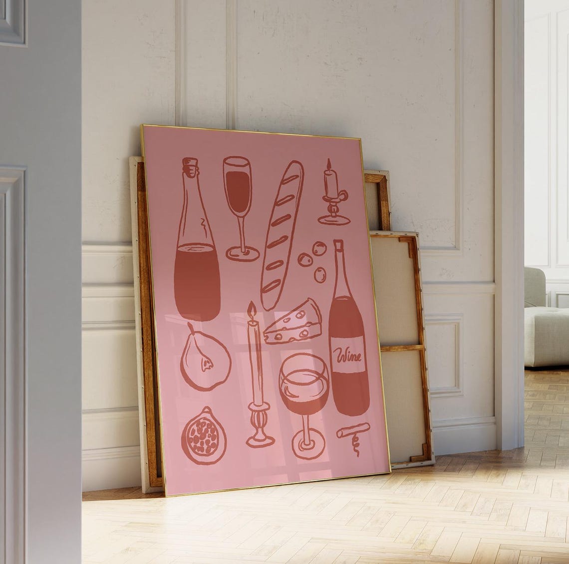 Wine And Cheese French Picnic Red Illustration Dinner Wall Art - Image 2