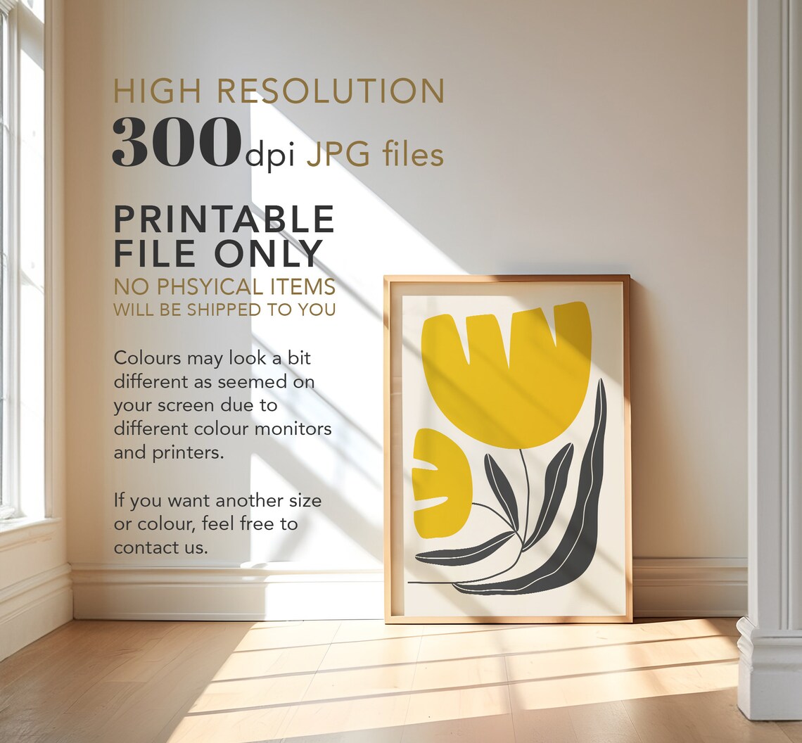 Yellow Abstract Tulip Flower Black Leaves Modern Minimal Art Poster - Image 4