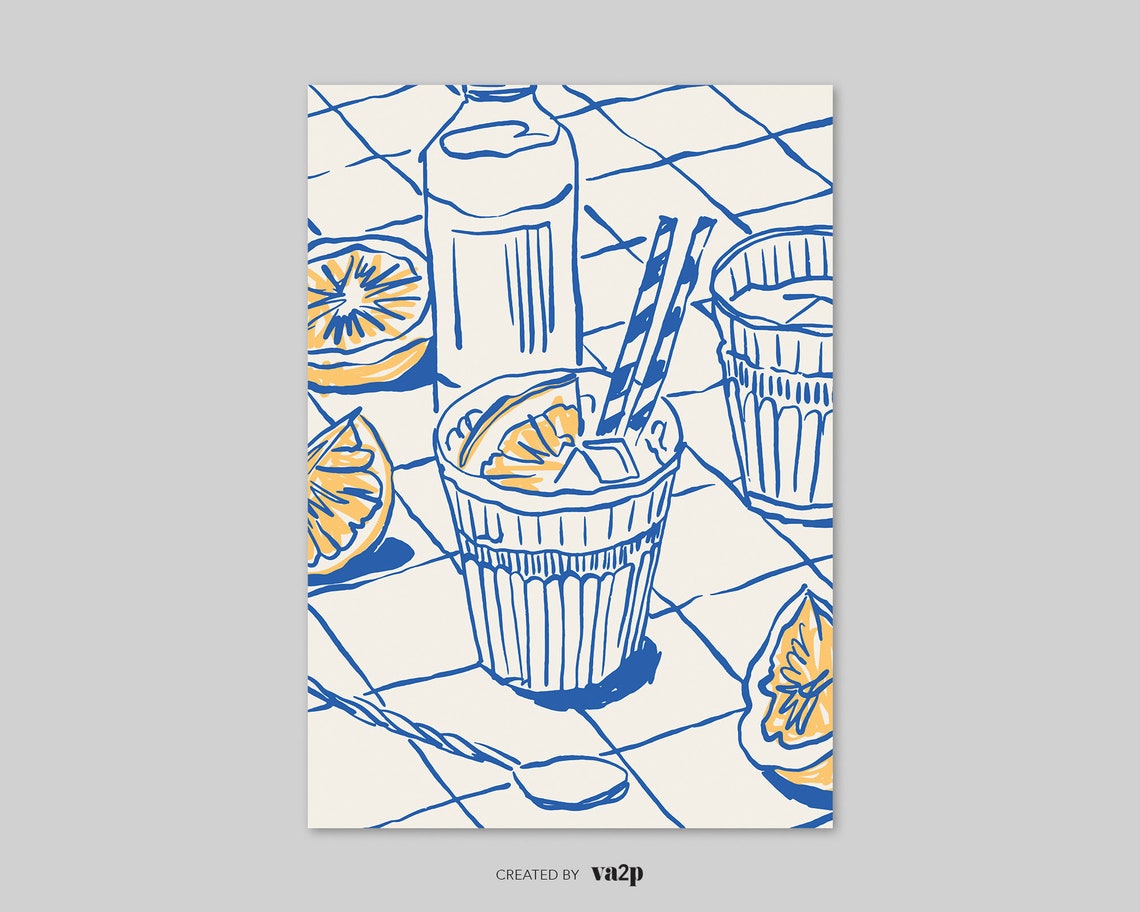 Hand Drawn Citrus Drinks Illustration Blue Line Art Bar Cart Poster - Image 2