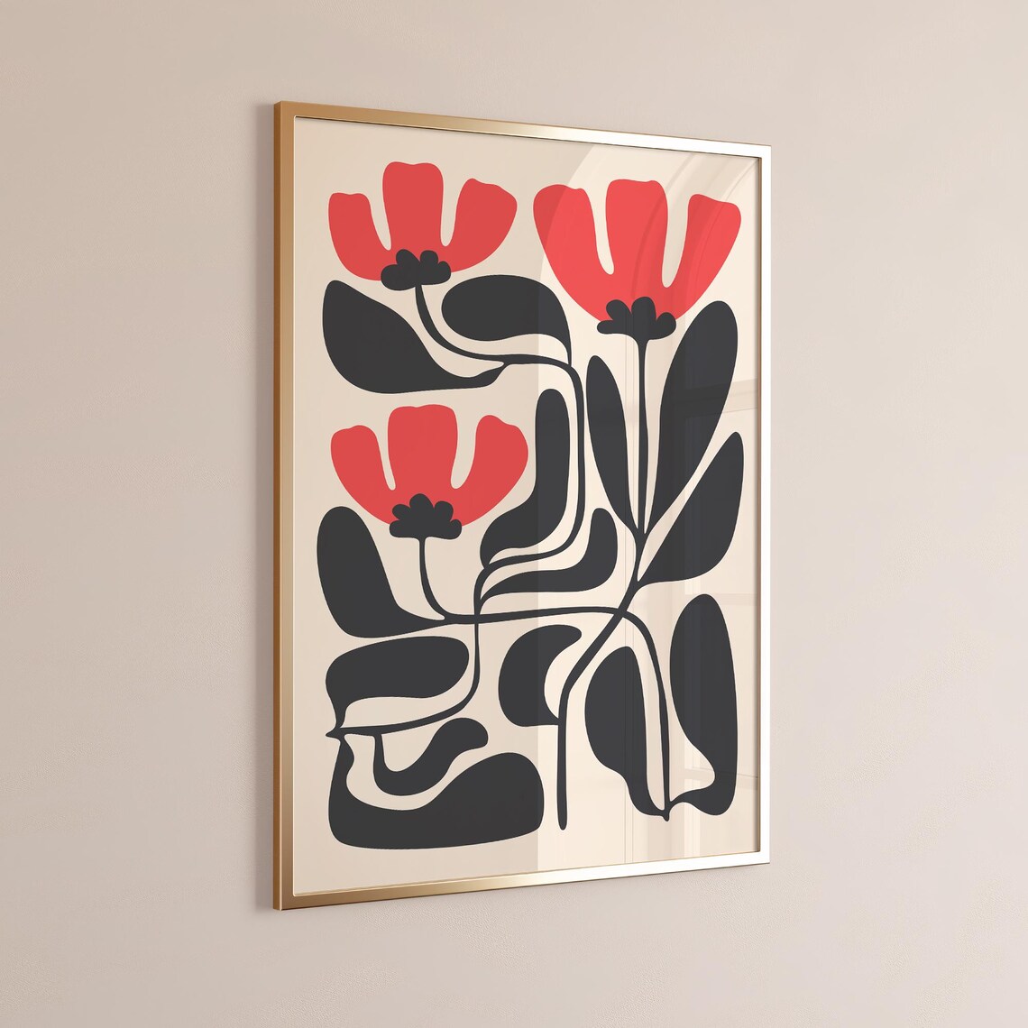 Red Flowers Black Leaves Matisse Style Bold Botanical Wall Poster - Image 3