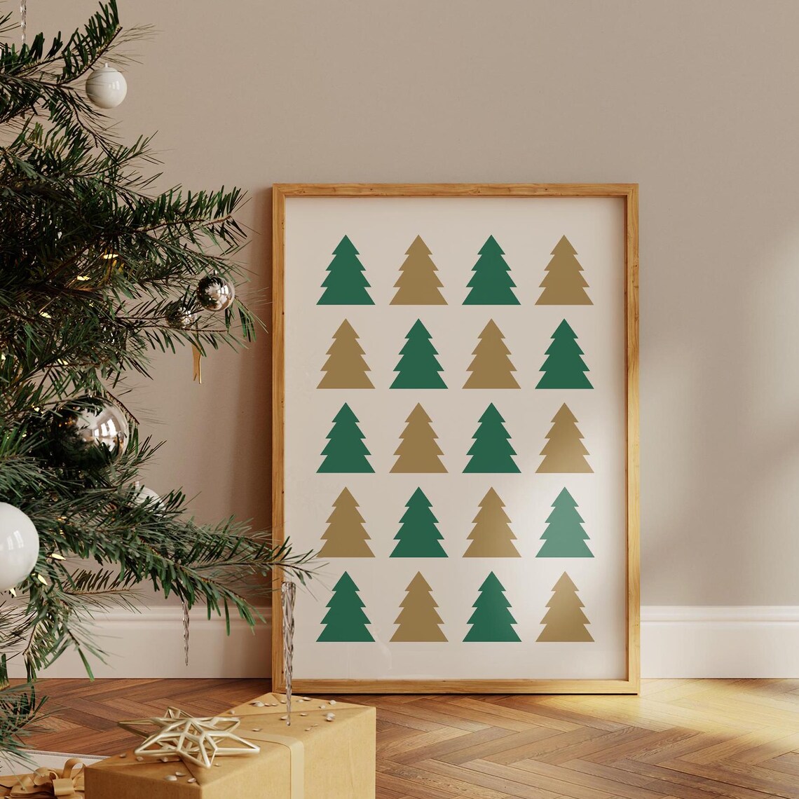 Green Gold Christmas Tree Grid Pattern Modern Minimalist Holiday Poster - Image 3