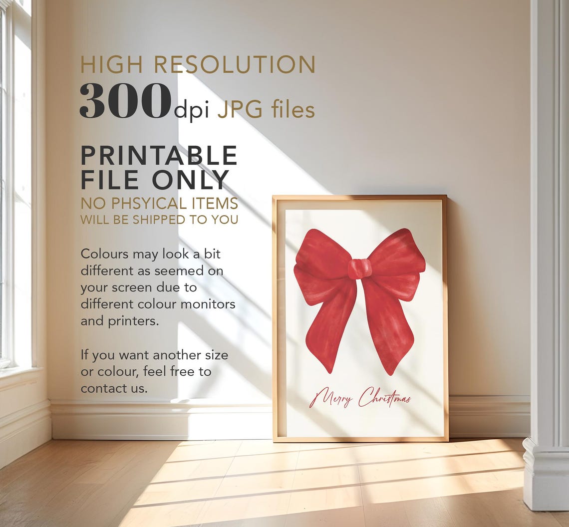 Merry Christmas Big Red Watercolor Bow Elegant Holiday Wall Art - Image 4