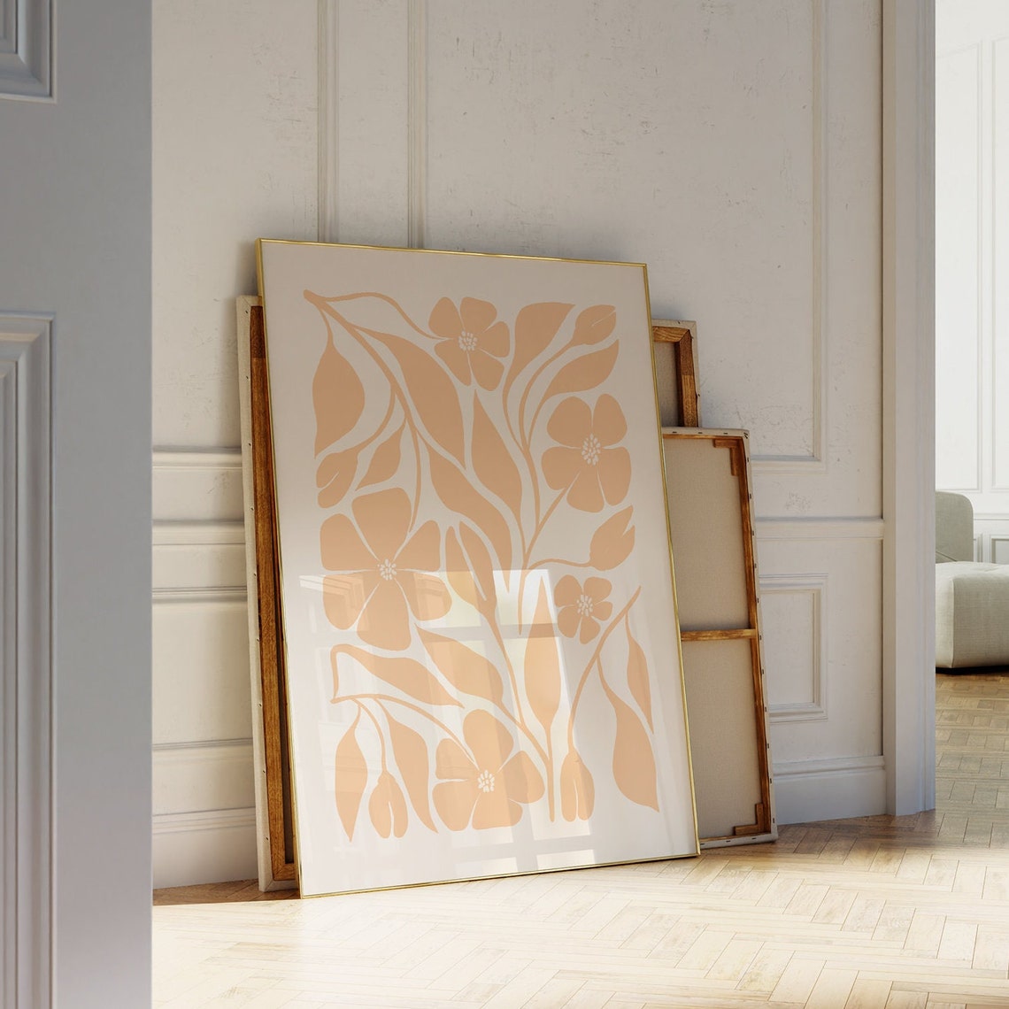 Peach Botanical Flower Leaf Line Art Soft Neutral Decor Poster - Image 2