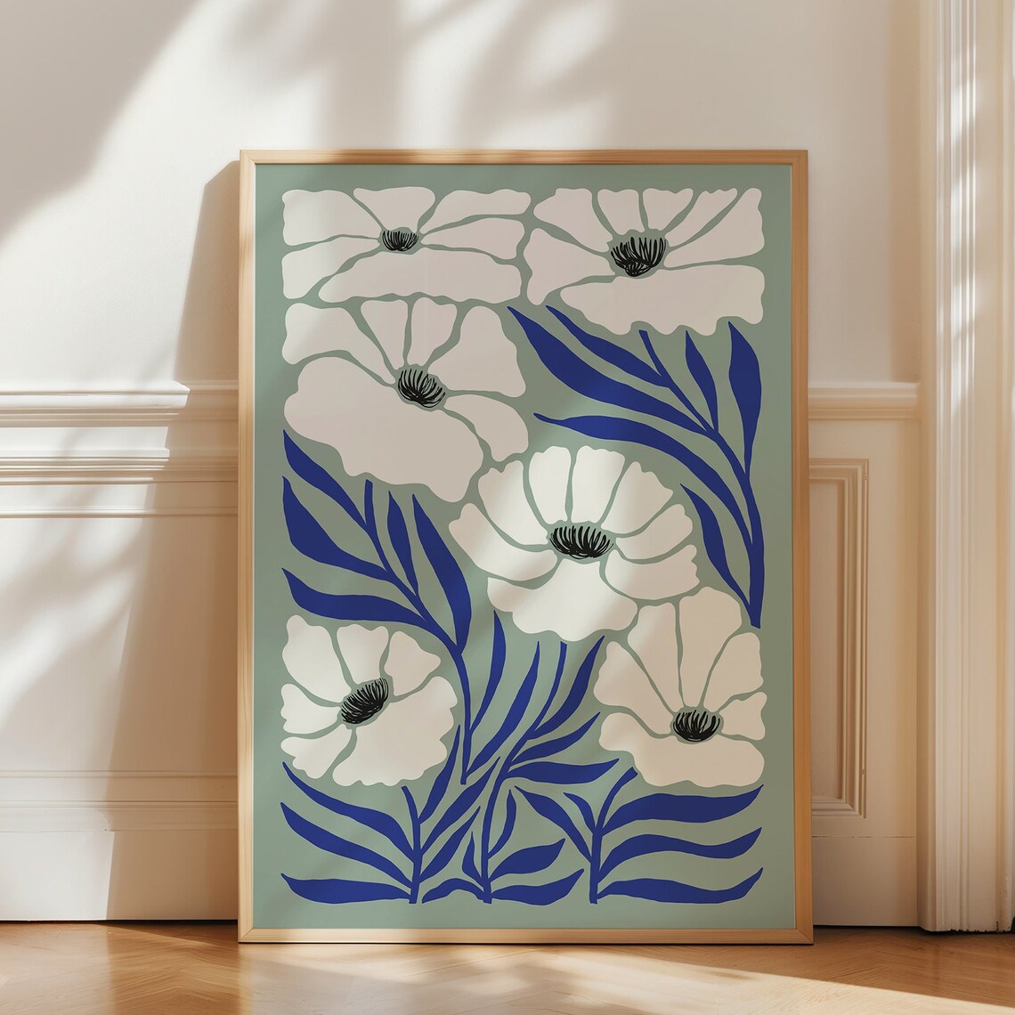 Matisse Inspired White Poppies And Blue Botanical Garden Wall Art