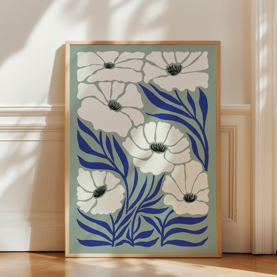 Matisse Inspired White Poppies And Blue Botanical Garden Wall Art