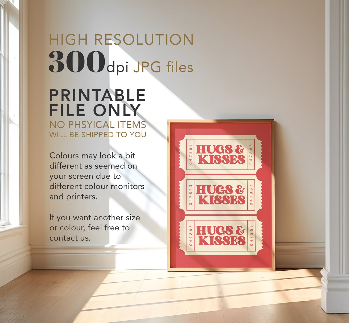 Hugs And Kisses Red Retro Ticket Stub Style Bedroom Love Wall Poster - Image 4