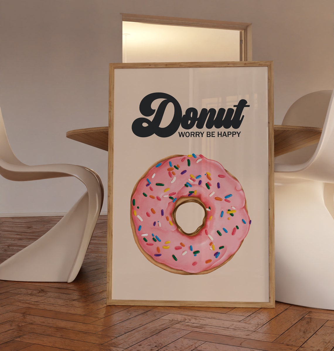 Donut Worry Be Happy Pink Frosted Sprinkle Donut Retro Poster - Image 2