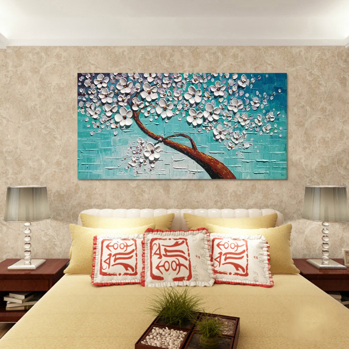 White Blossom Branch On Turquoise Blue Textured Oil Paint Poster - Image 3