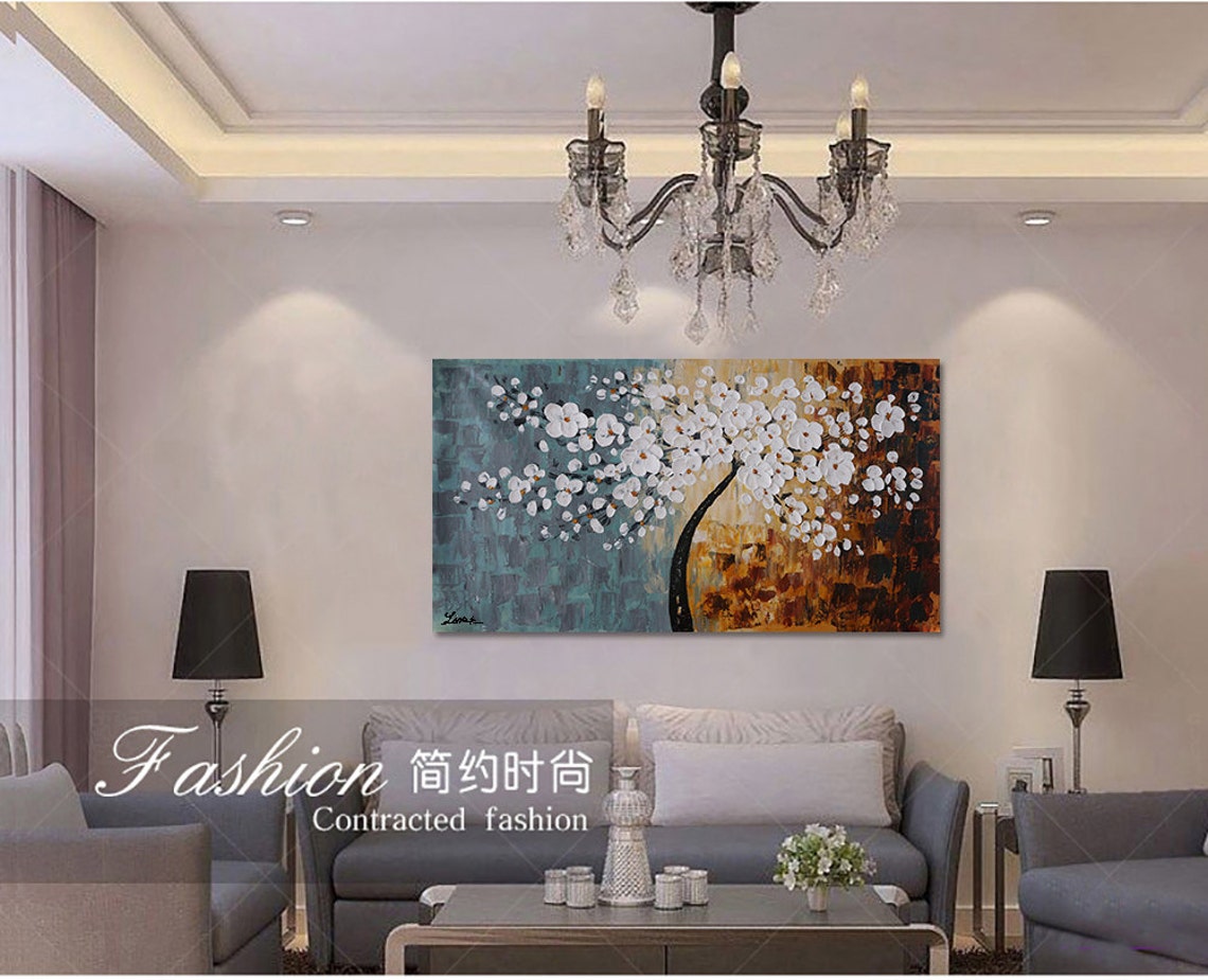 White Flowering Tree On Teal Amber Split Canvas Oil Paint Poster - Image 4