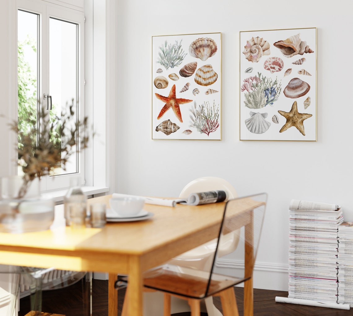 Warm Neutral Watercolor Sea Shells Starfish Coral Beach Wall Art - Image 2