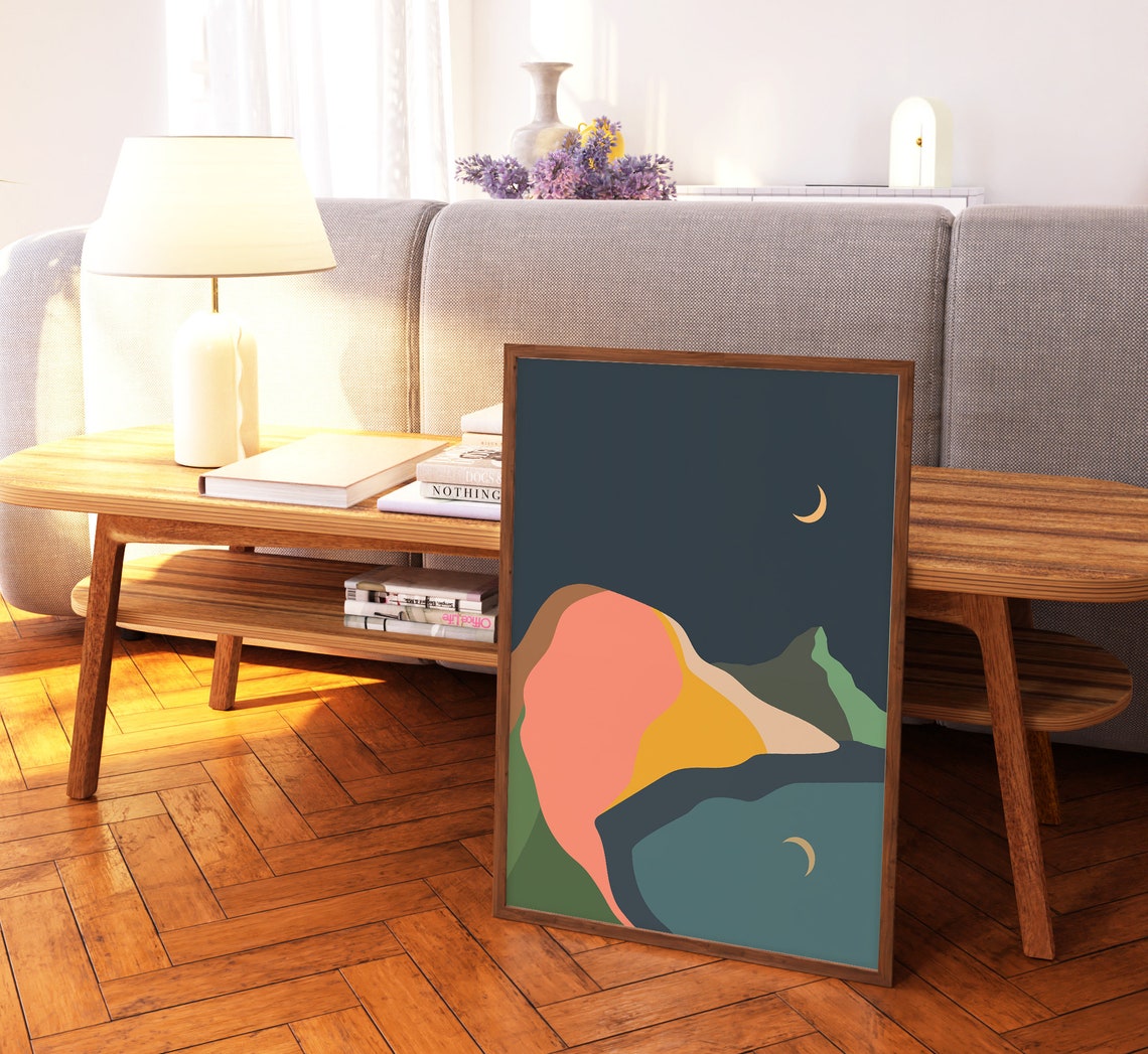 Moonlit Abstract Mountain Lake Night Sky Boho Modern Art Print - Image 3
