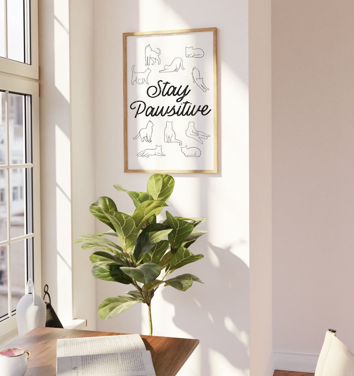 Stay Pawsitive Cat Quote Line Art Cute Cats Minimalist Gift Poster - Image 2