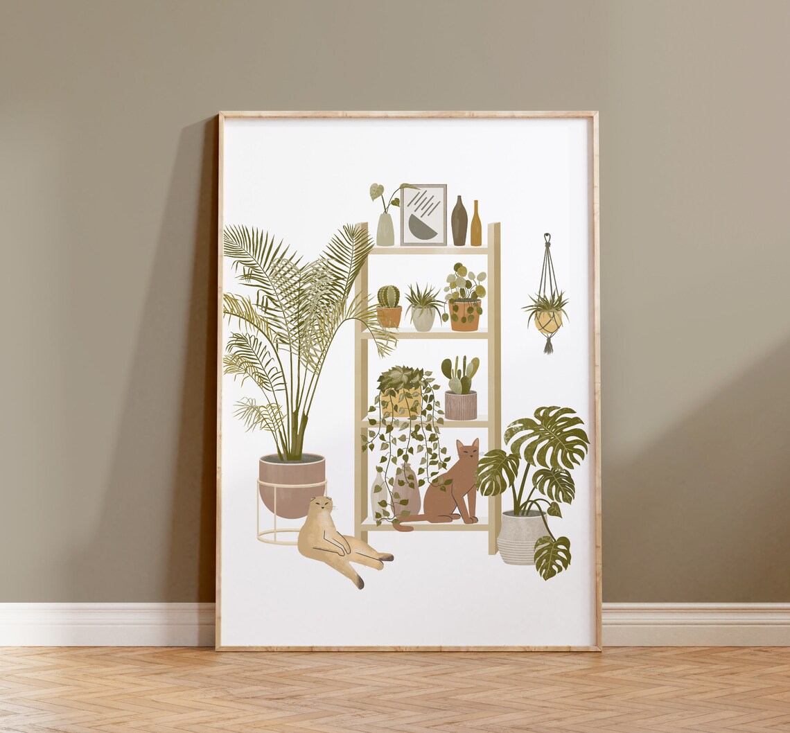 Boho Home Garden With Cats, Plant Art Print