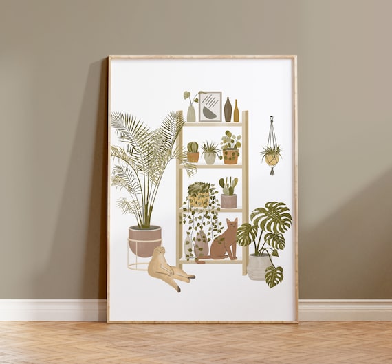 Boho Home Garden With Cats, Plant Art Print