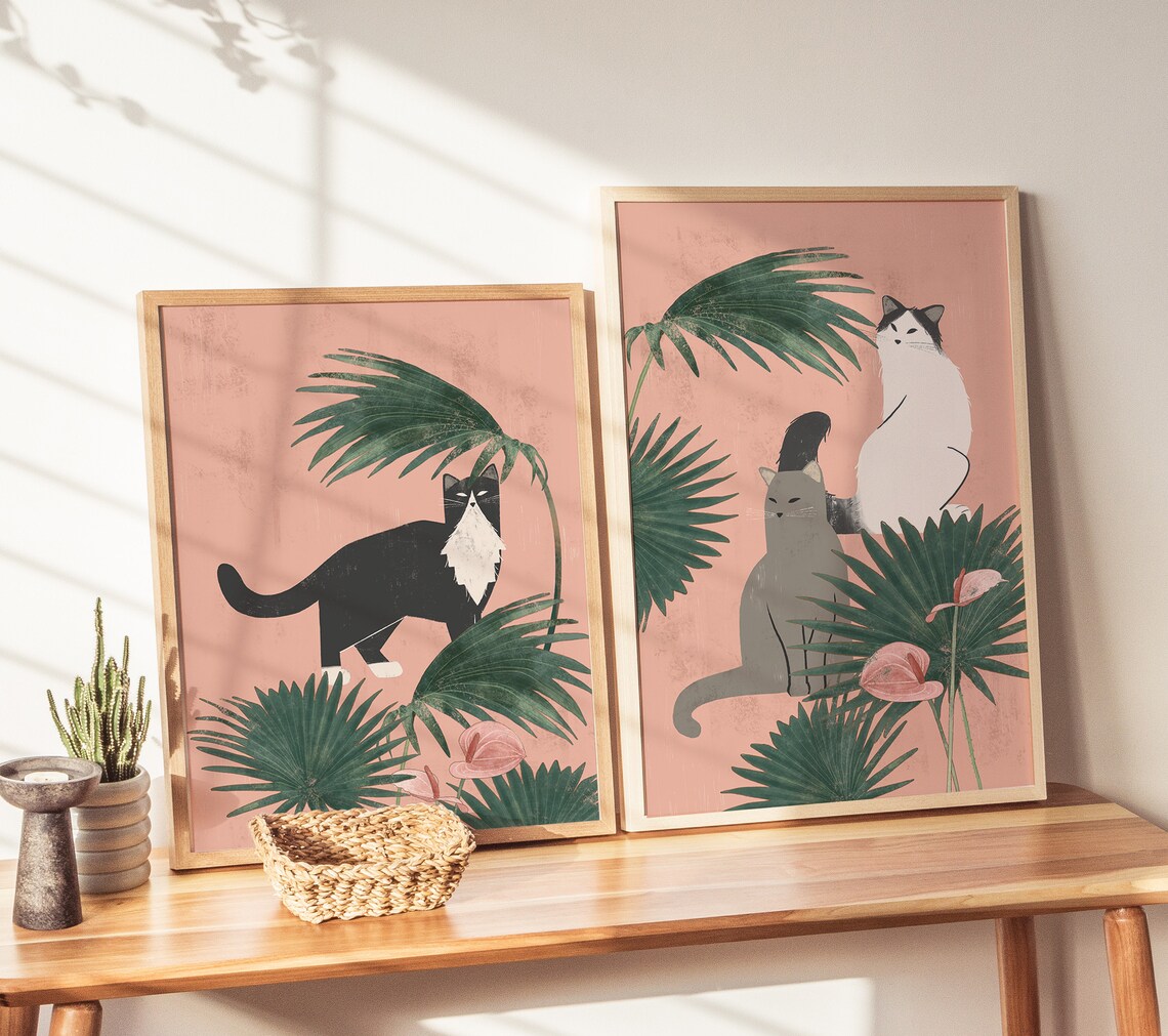 Cats And Tropical Plants Boho Cat Art Print - Image 2