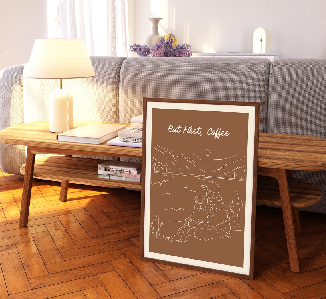 But First Coffee Art Coffee And Nature Artwork Lake And Mountain Drawing Drinking Coffee Print Coffee Bar Poster Line Drawing - Image 4