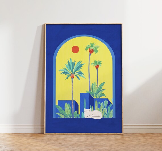White Cat Tropical Blue Arch Palm Trees Moroccan Style Art Poster