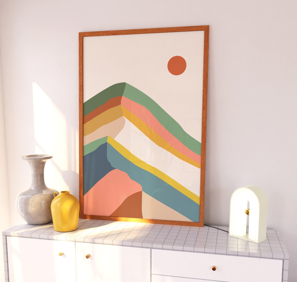 Rainbow Striped Boho Mountain Sunset Peaks Sun Abstract Art Print - Image 4