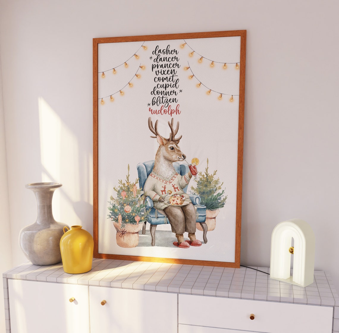 Santa Reindeer Names Dasher Rudolph Cozy Deer Watercolor Poster - Image 4