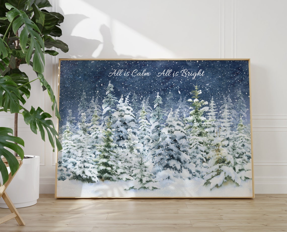 All Is Calm All Is Bright Snowy Forest Night Watercolor Wall Art - Image 3