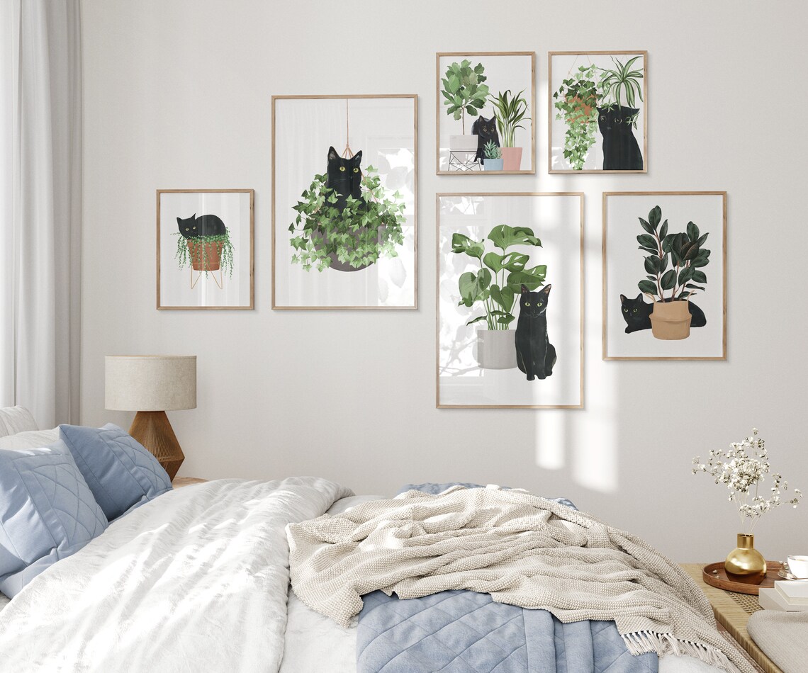 Black Cat and Plant Watercolor Art Print - Image 2