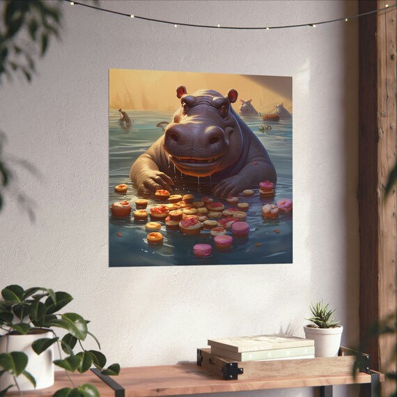 Hungry Hippo Eating Sweets - Animal Humor Print
