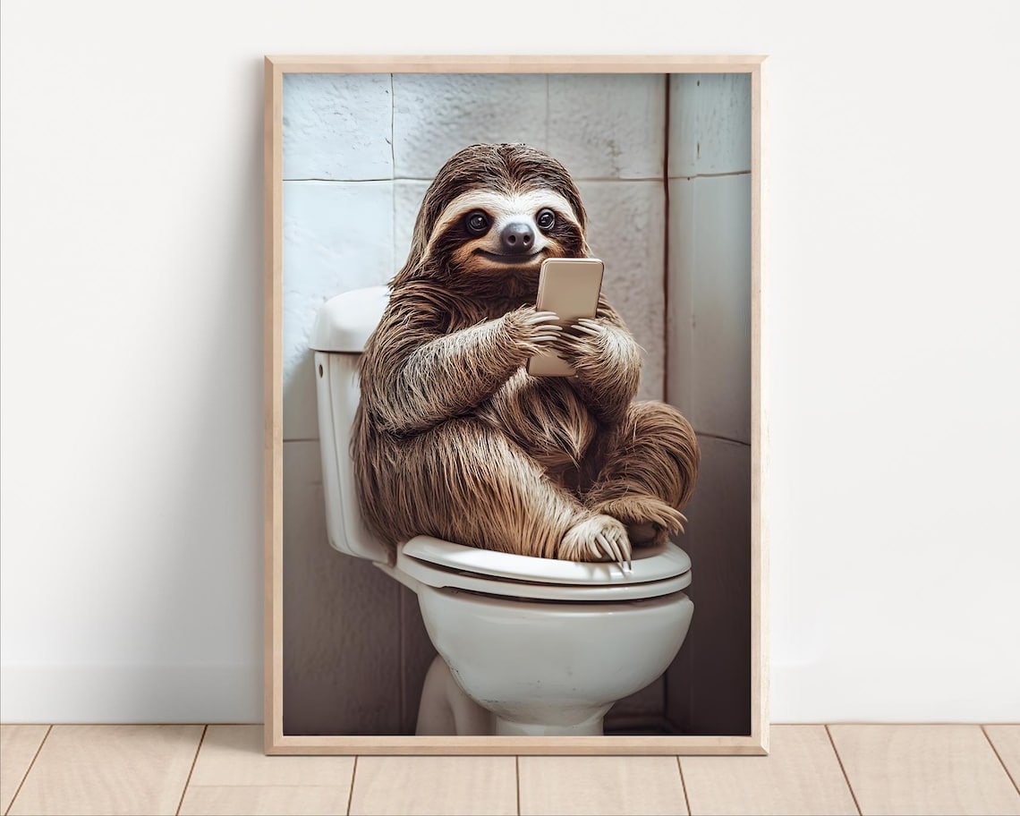 Sloth Sitting On The Toilet, Vintage Bathroom Art Print