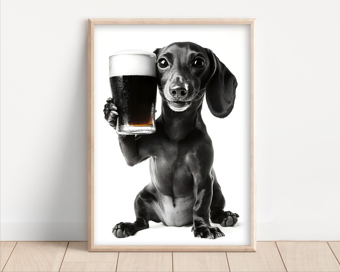 Dachshund Dog Holding Beer Glass Black White Funny Kitchen Poster