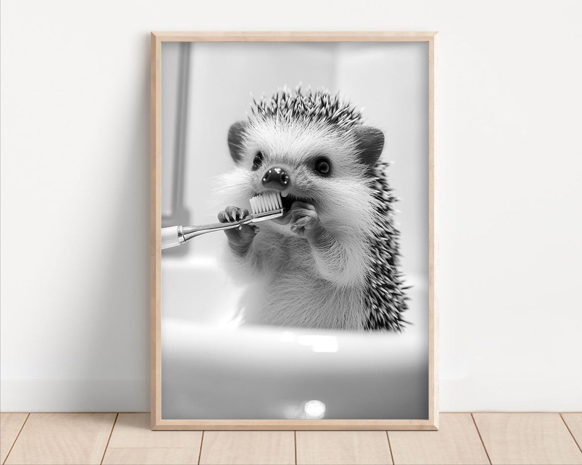 Hedgehog Brushing Teeth Cute Black White Bathroom Animal Poster