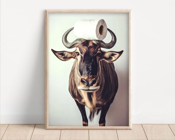 Wildebeest With Toilet Paper On Poster Canvas Funny Bathroom Wall Art Cute Kids Laundry Room Decor Quirky Animal Humor Photo Print
