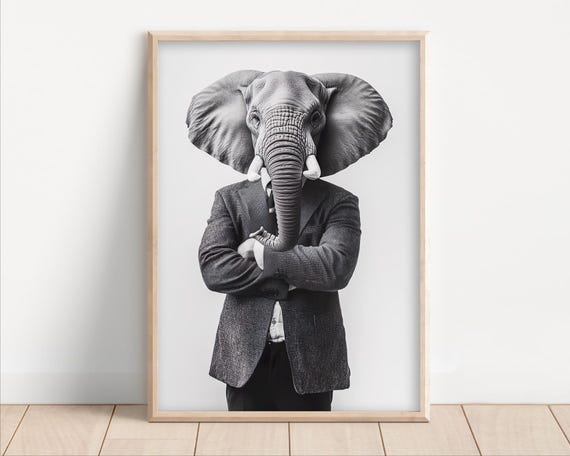 Elephant Wearing A Business Suit Funny Office Wall Art Print Animal Home Decor Success Humor Cute Retro Photo