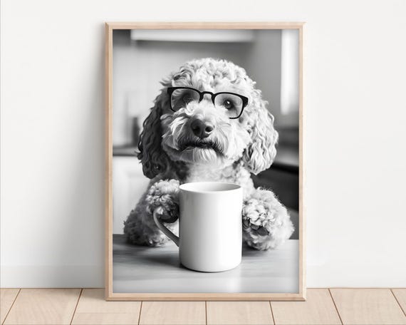 Labradoodle Dog Drinking Coffee Wearing Glasses Poster Canvas Funny Kitchen Wall Art Lover Humor Cute Animal Decor Lovers