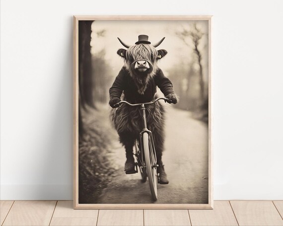 Funny Highland Cow In Top Hat Riding Vintage Bicycle Sepia Poster