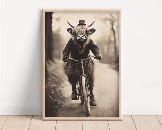 Highland Cow Riding A Bike Poster Canvas Funny Animal Wall Art Retro Vintage Style Home Decor Cute Kids Nursery Room Print Quirky Humor