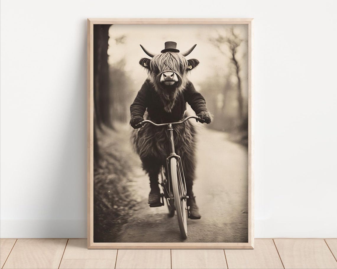 Highland Cow Riding A Bike Poster Canvas Funny Animal Wall Art Retro Vintage Style Home Decor Cute Kids Nursery Room Print Quirky Humor