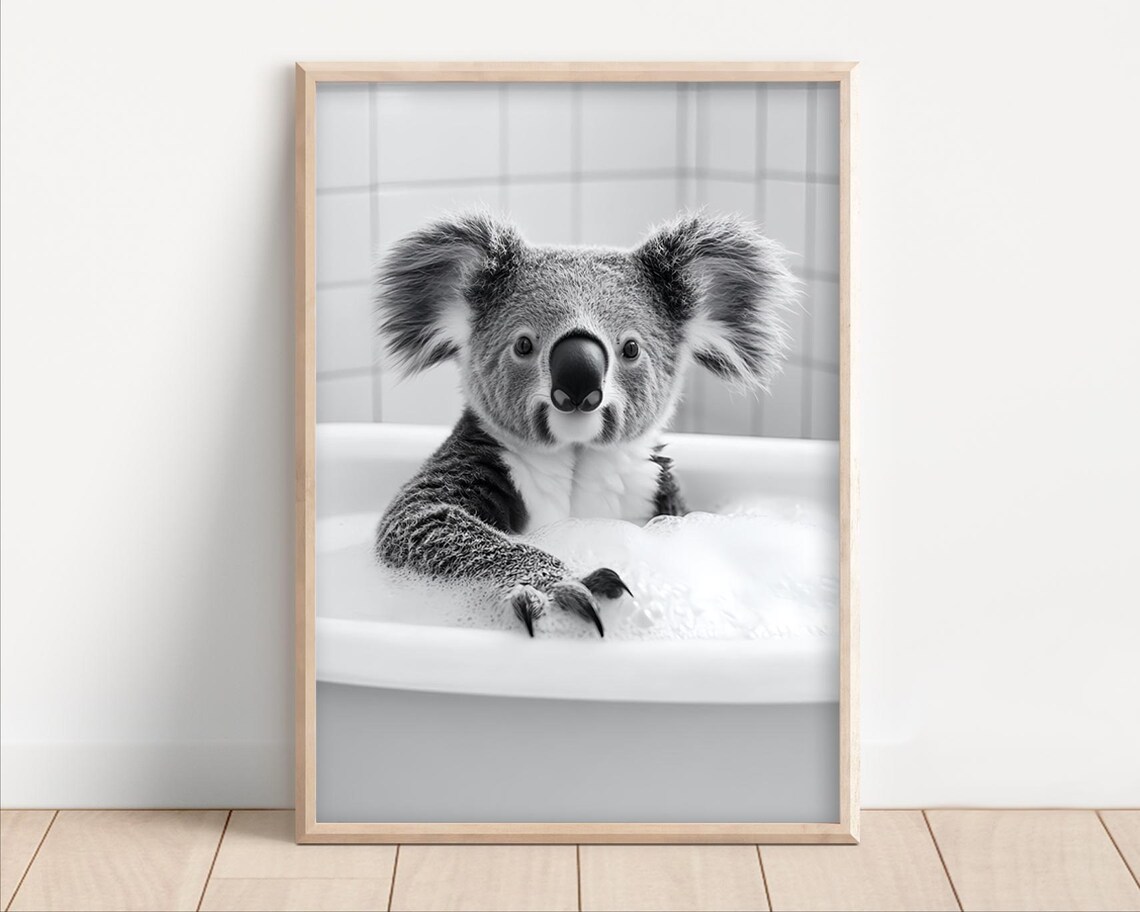 Koala Taking A Bubble Bath Poster Or Canvas Funny Bathroom Wall Art Animals In Bathtub Cute Laundry Room Decor Bear Print
