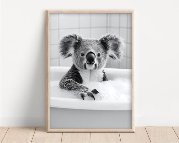 Koala Taking A Bubble Bath Poster Or Canvas Funny Bathroom Wall Art Animals In Bathtub Cute Laundry Room Decor Bear Print