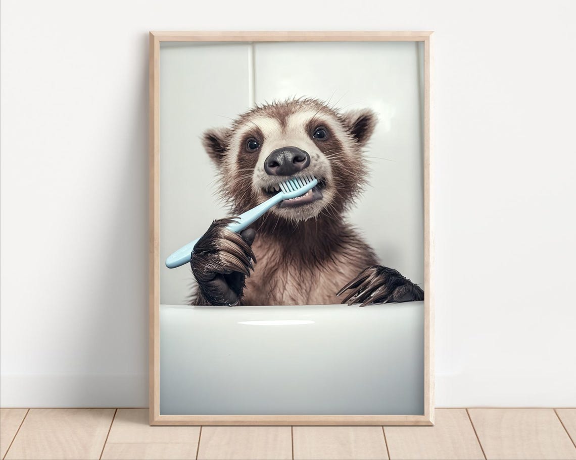 Wolverine Brushing Teeth In Bathtub Funny Bathroom Animal Poster