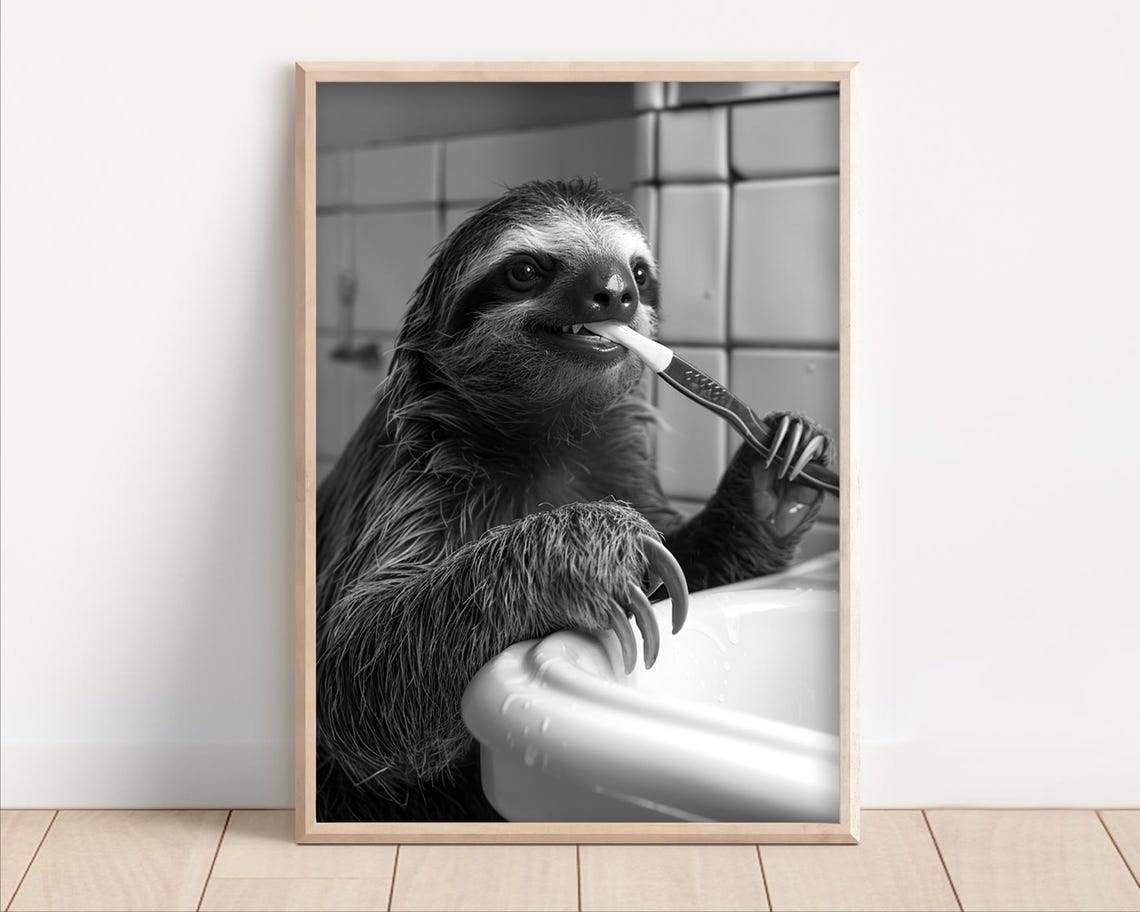 Sloth Brushing Teeth in Bathroom Funny Black and White Animal Wall Art