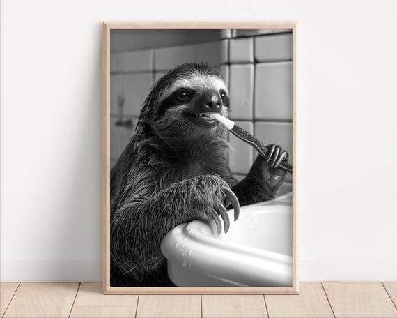 Sloth Brushing Teeth Poster Or Canvas Funny Bathroom Wall Art Kids Laundry Room Decor Vintage Style Retro Animal Print Cute Humor