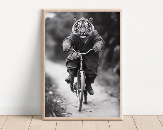Tiger Riding A Bike Poster Or Canvas Funny Animal Wall Art Retro Vintage Style Home Decor Cute Kids Nursery Room Print Quirky Humor