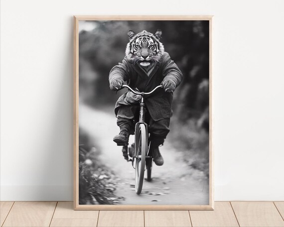 Tiger Riding Bicycle Black and White Vintage Photo Funny Poster