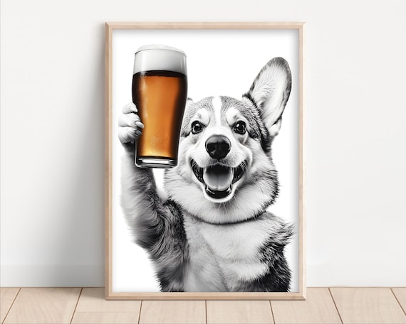 Corgi Dog Drinking Beer Poster Or Canvas Lover Decor Alcohol Humor Art Funny Kitchen Wall Owner Gift Home Bar Print