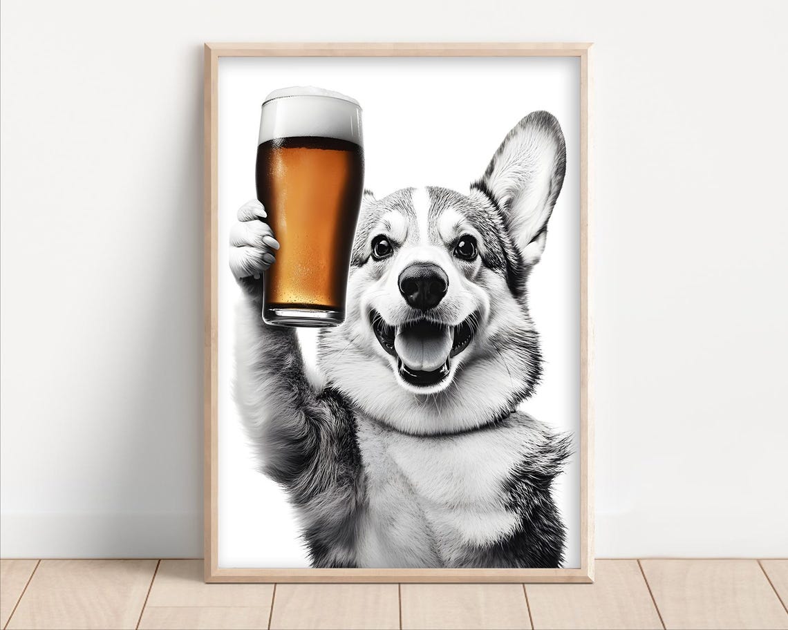 Smiling Corgi Dog Toasting With Beer Funny Black and White Wall Art