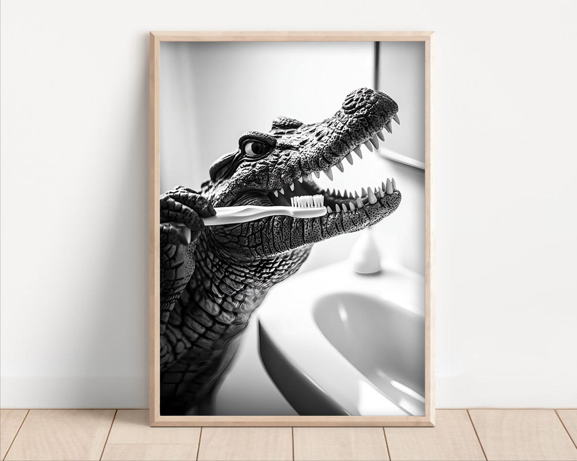 Crocodile Brushing Teeth Funny Black And White Bathroom Poster