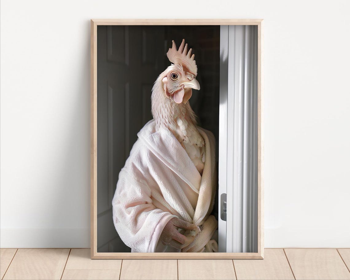 Funny Chicken Wearing a White Bathrobe Quirky Bathroom Poster