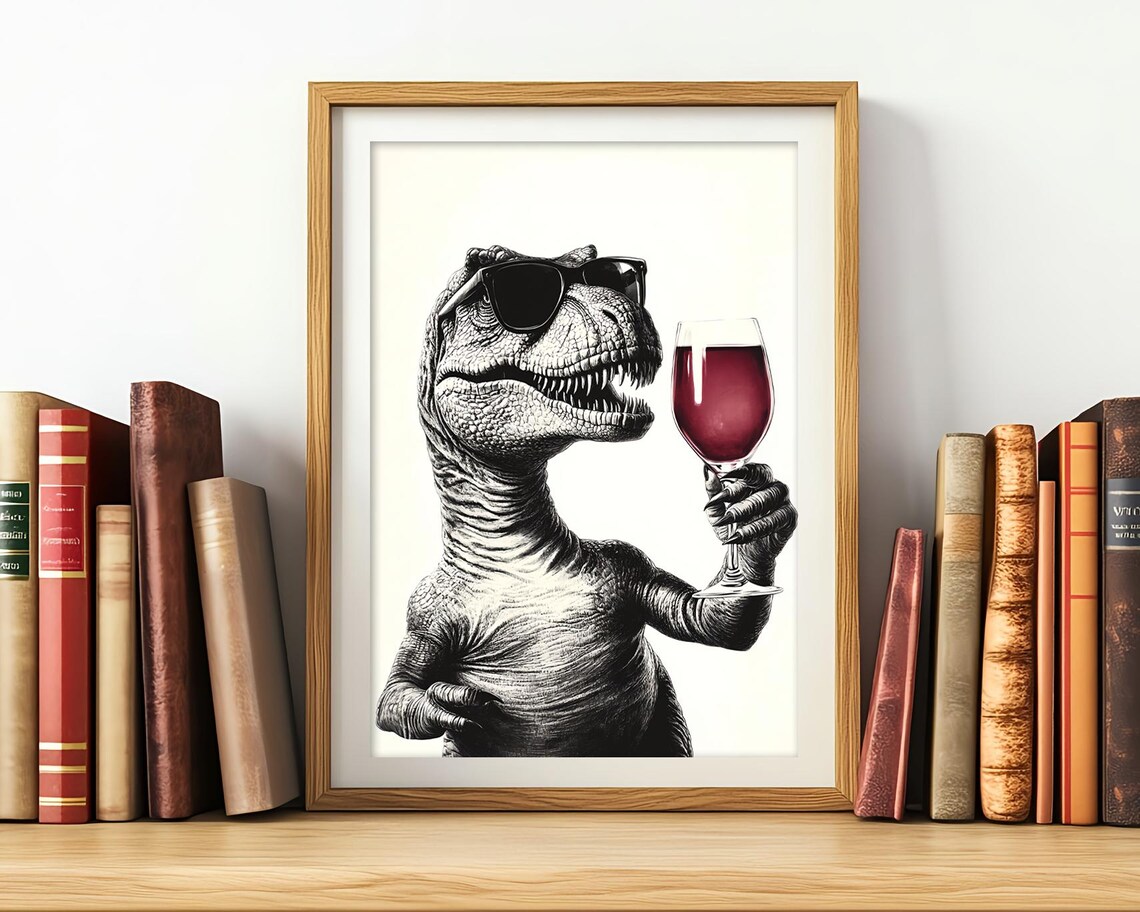 Trex Drinking Red Wine Poster Or Canvas Funny Kitchen Wall Art Retro Home Bar Decor Lovers Dining Room Print Cute Animal